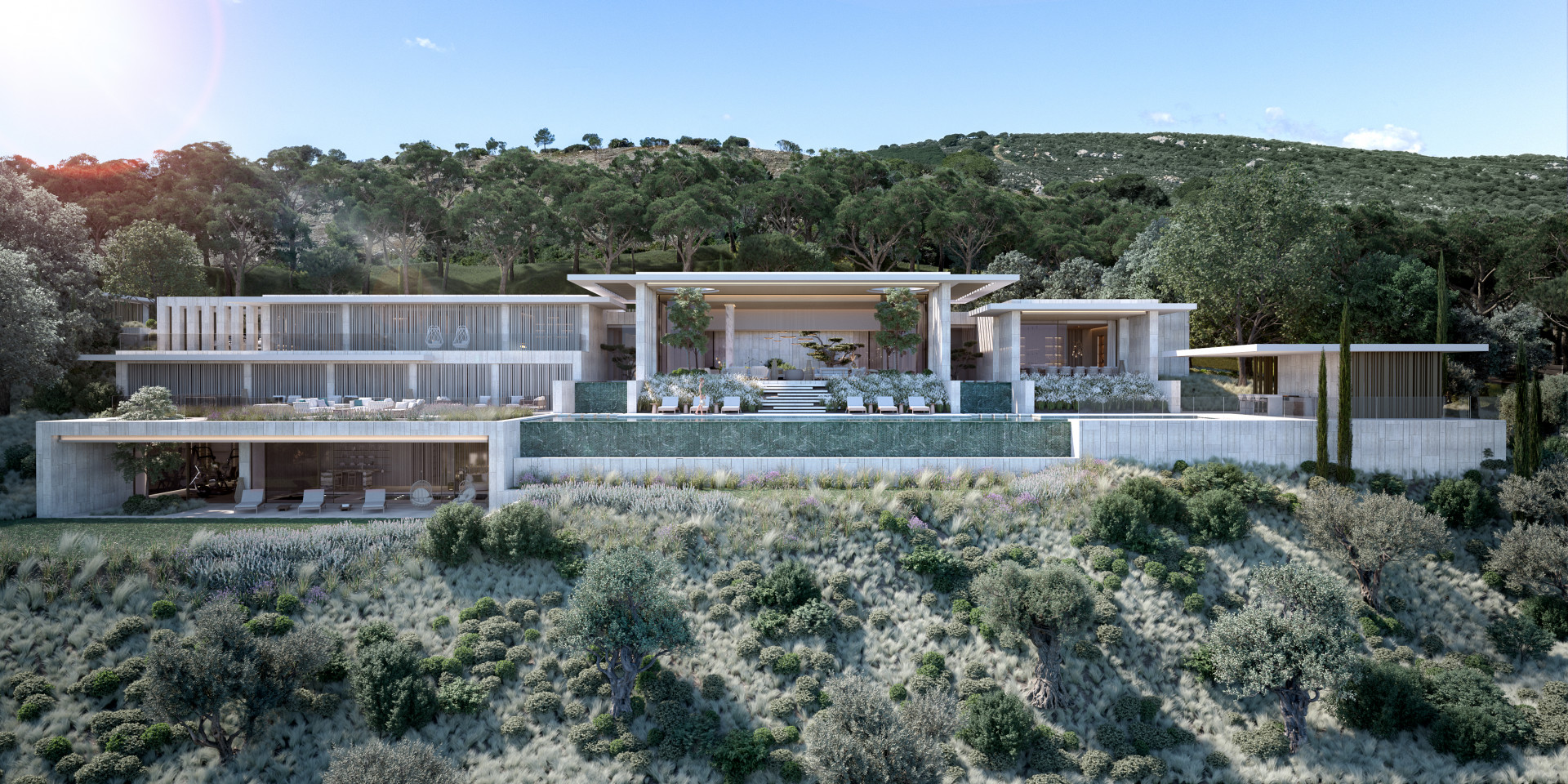 Façade of Villa Aqua, surrounded by nature.